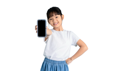A young girl happily showing a phone with a blank screen on PNG