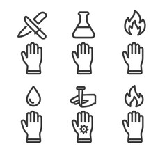 Obraz premium Protection Level Icons. Outline icon set of gloves protection levels: cut-resistant, chemical-resistant, heat-resistant,