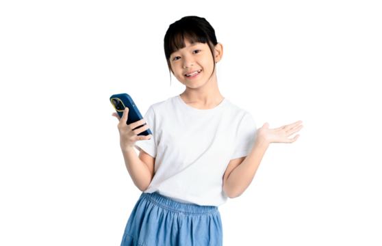 A girl holding a mobile phone, possibly showing an app or web page with friendly expression on PNG 