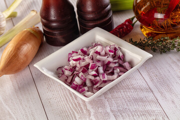 Diced red onion in the bowl