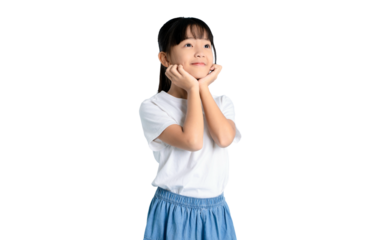A young girl gazes upwards, lost in thought, resting her hands on her cheeks on PNG 