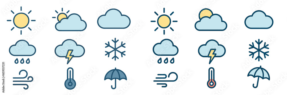 Poster weather icons for various conditions in a clear vector style