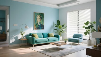 Fototapeta premium Bright Living Room with Turquoise Sofa and Artwork