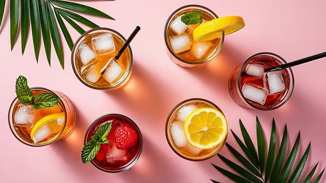 Colorful cocktails with ice and fruit garnishes on a pink background. Tropical leaves add a refreshing touch to the vibrant scene.