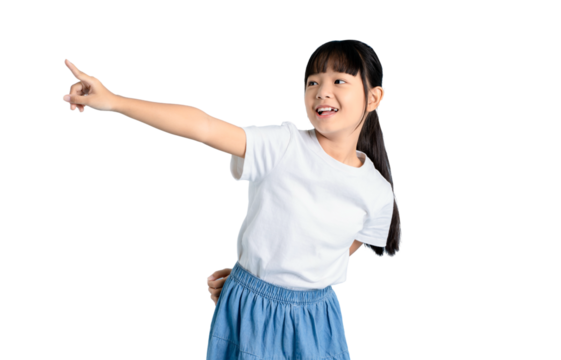 A Young girl is pointing her finger, seemingly showing something to the distance on PNG