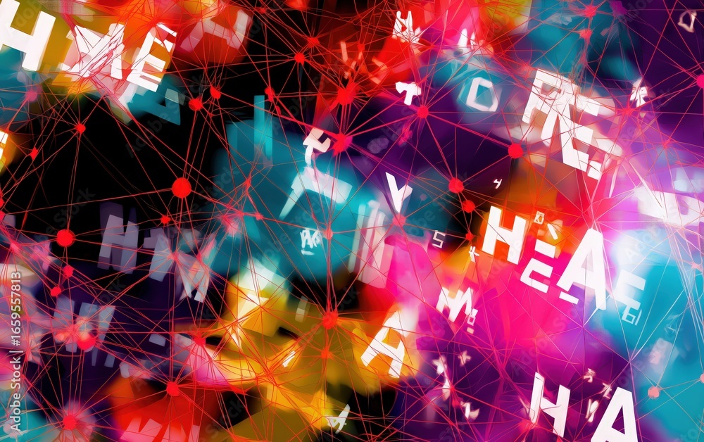 Poster vibrant abstract digital artwork with glowing interconnected nodes, red network lines and scattered 