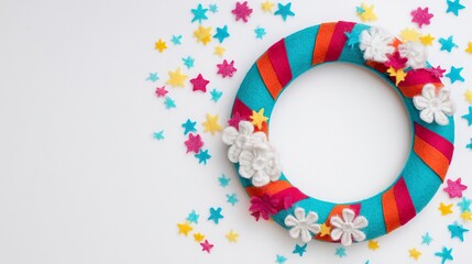 Festive Felt Wreathive Felt Wreath with Striped Frame and Fluffy Flowers on Pristine White Background