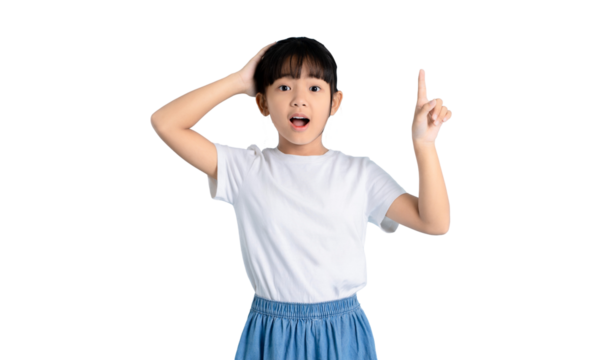 A surprised young girl pointing her finger upwards, with a look of wonder and curiosity on PNG 