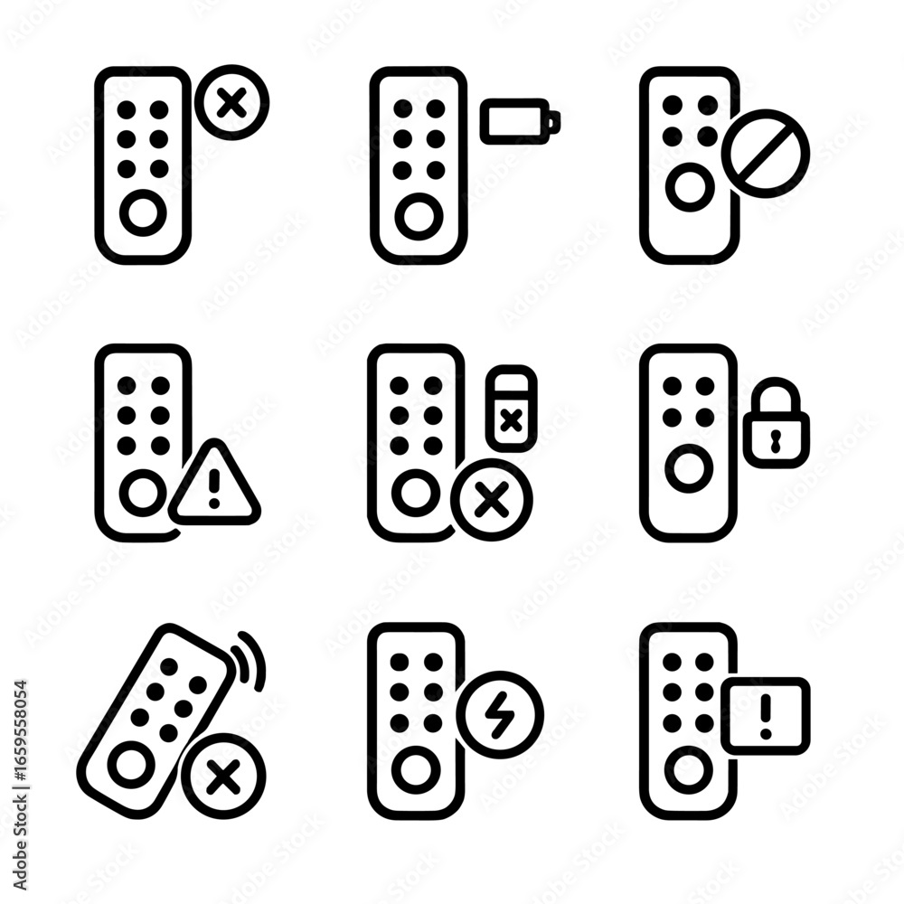 Poster remote control error icons. outline icon set of remote control errors: no signal, low battery, butto