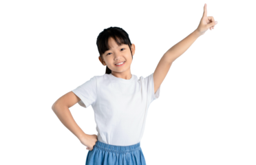 A young girl, with a bright smile, pointing upwards and showing a gesture of positivity on PNG 