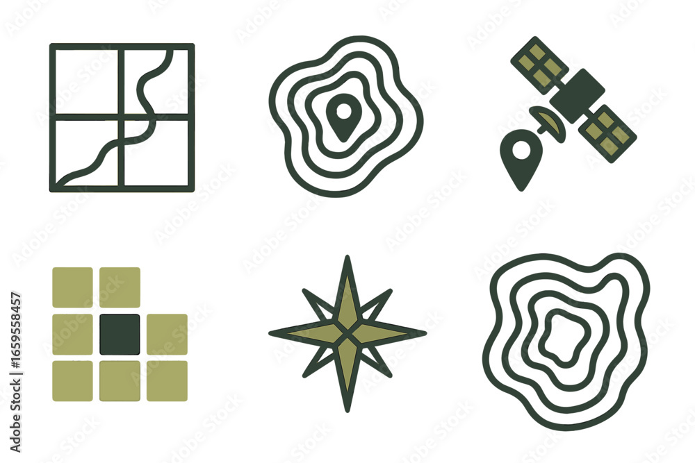 Poster vector icons of navigation and mapping for outdoor activities
