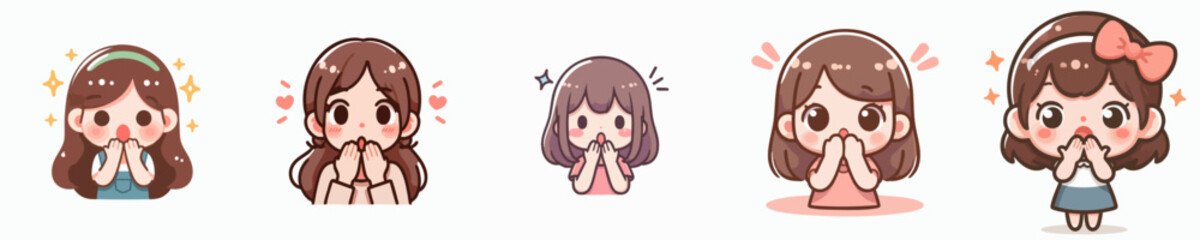 Kawaii Style Cute Girl Character Set with Surprised Expression Illustration