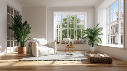 Bright minimalist living room with large windows, white sofa and armchair, plush cushions, indoor palms, hardwood floors, rug and a sunlit window seat with leafy outside view.