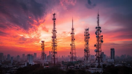 Sunset skyline with silhouetted communication towers. Artificial intelligence image