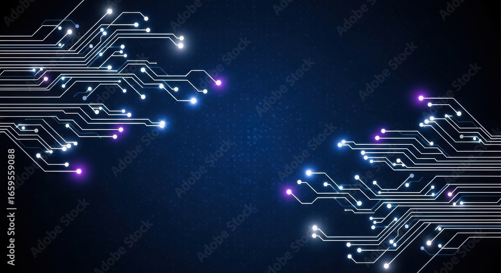 Poster abstract digital circuitry with glowing blue lights and data flowing through lines