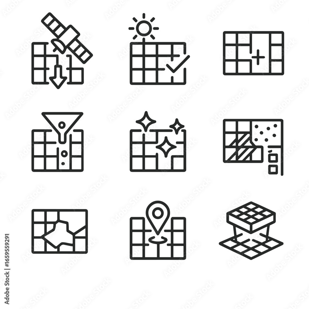 Poster satellite icon set. outline icon set of satellite image processing: data download, image correction,