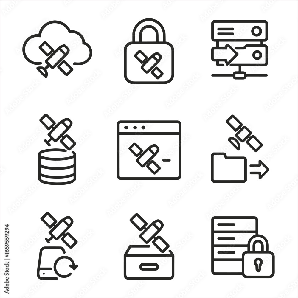 Poster satellite data icon set. outline icon set of satellite image sharing and storage: cloud storage, dat