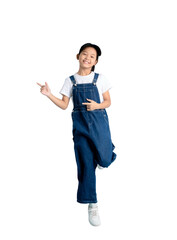 A young girl in denim overalls points cheerfully, embodying youthful energy and playful expression. The girl is suspended in mid-air, her posture suggesting both excitement and confidence on PNG 