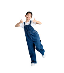 A young person in denim overalls and a white shirt gives a thumbs up. The image captures a moment...