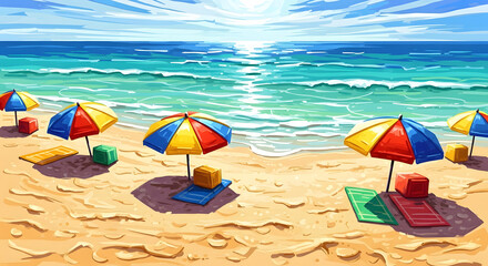 Colorful Umbrellas on Sandy Beach with Blue Ocean View