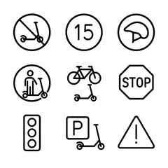 Scooter Safety Icon Set. Outline icon set of scooter rules and signs: no riding, speed limit, helmet required, pedestrian zone,