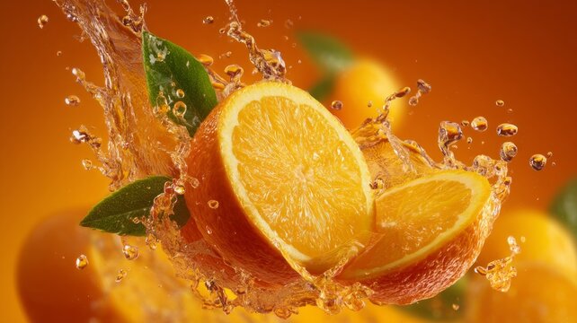Sliced orange splash on vibrant background. Artificial intelligence image