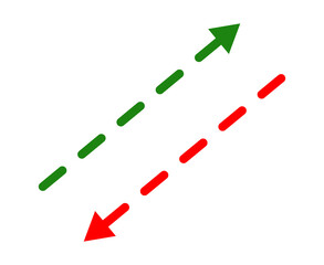 Green and red dashed arrows line showing opposite directions for business strategy concept on transparent background