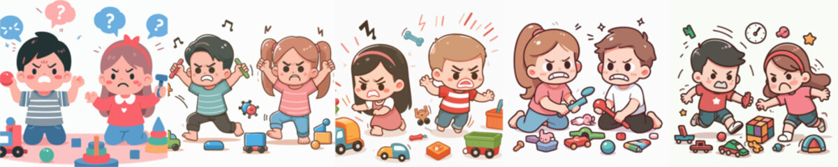 Cute Cartoon Angry Kids Arguing Over Toy Set Illustration
