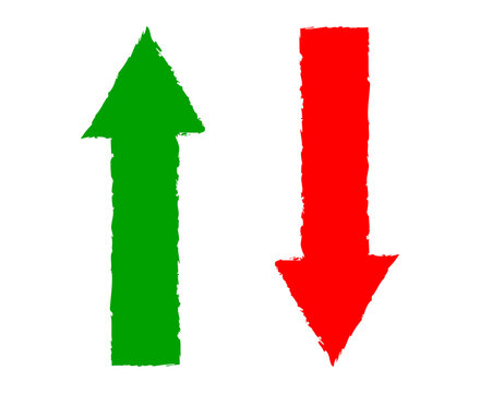 Green up arrow and red down arrow for stock market or business concepts on transparent background