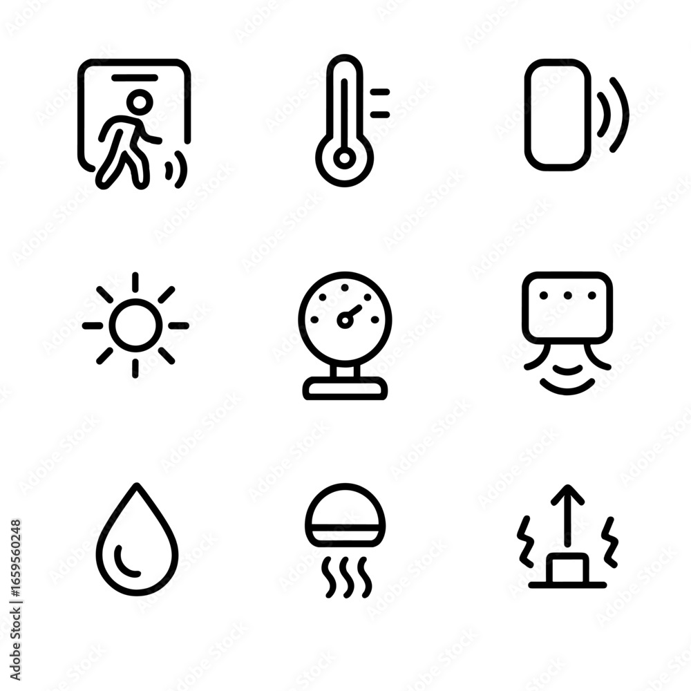 Poster sensor signal icons. outline icon set of sensor signals: motion sensor, temperature sensor, proximit