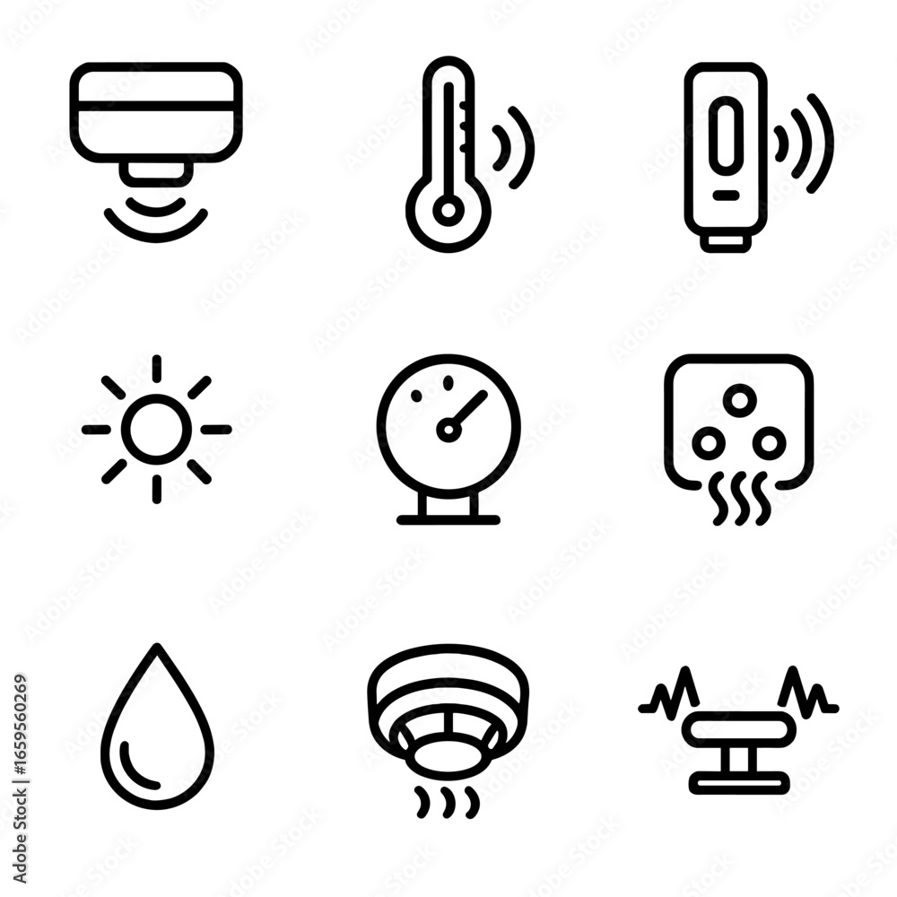 Poster sensor signal icons. outline icon set of sensor signals: motion sensor, temperature sensor, proximit
