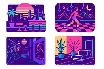 Naklejka premium Colorful vector illustrations of urban nightlife and retro activities