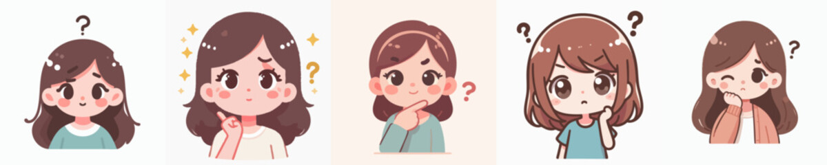 Cute Kawaii Style Young Woman Expressing Emotions Set Illustration