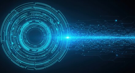 Futuristic sci-fi portal with blue energy beam and digital ring seamless background