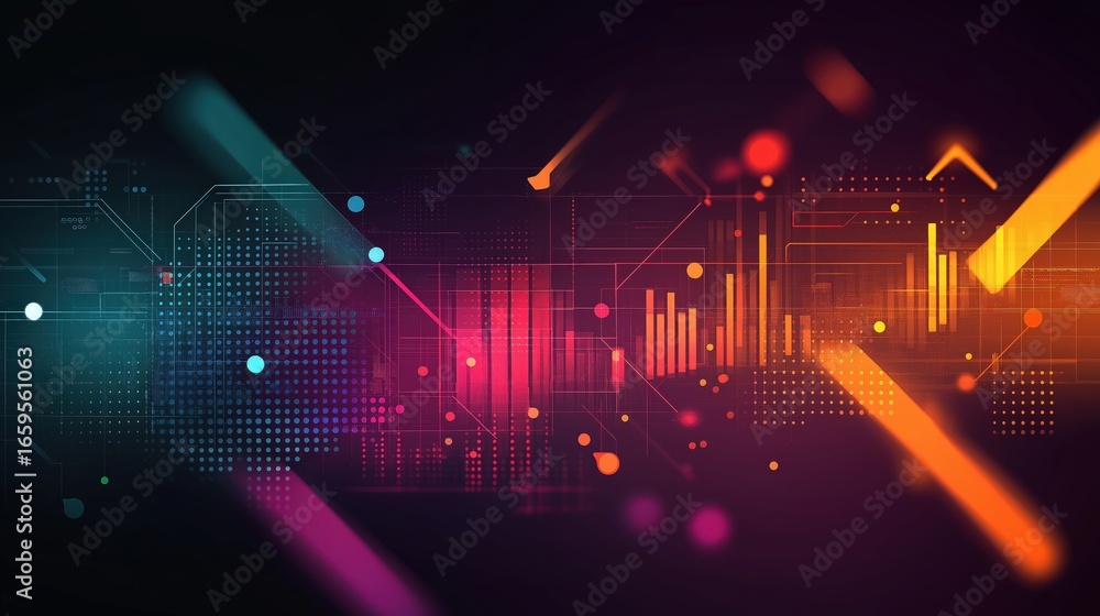 Poster abstract neon digital data visualization with colorful bars, nodes, grids and glowing streaks on a d