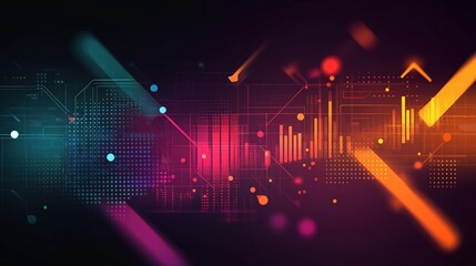 Abstract neon digital data visualization with colorful bars, nodes, grids and glowing streaks on a dark background, evoking futuristic analytics and tech interfaces.