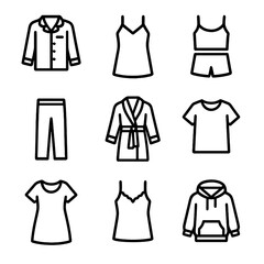 Sleepwear Icon Set. Outline icon set of sleepwear styles: button-up pajama, nightgown, tank top and shorts set, sleep pants, silk