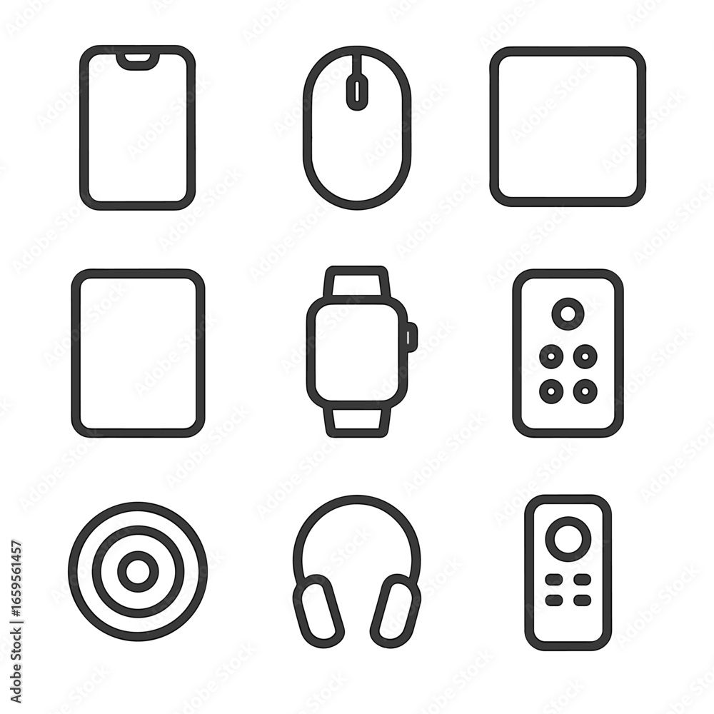Poster smooth tech icon set. outline icon set of smooth technology surfaces: smartphone screen, computer mo