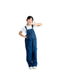 A happy Asian girl giving a thumbs up sign and smiling with a white shirt and blue overall on PNG 