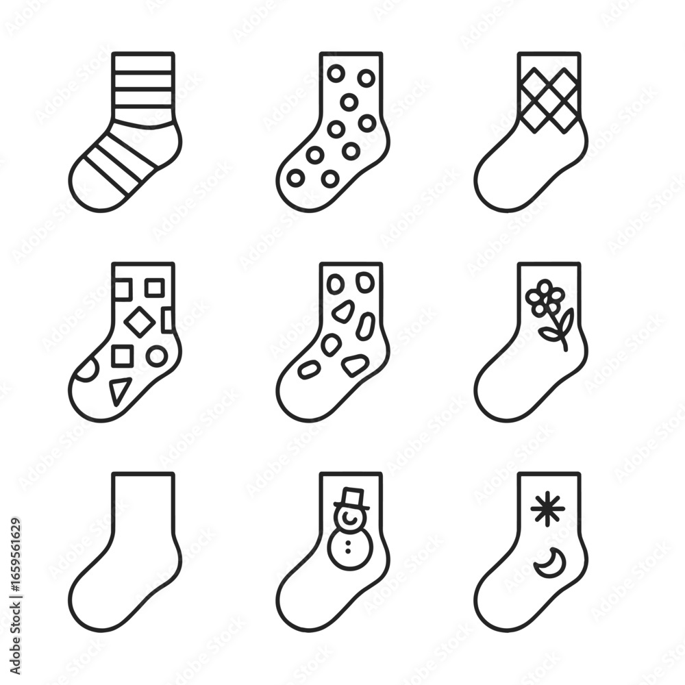 Poster sock patterns and layouts. outline icon set of sock patterns and designs: stripes, polka dots, argyl