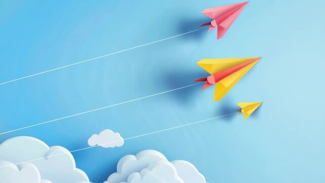 Happy cartoon kites flying high in the sky with clouds and a clear blue background. This conveys a sense of travel, adventure, and freedom.