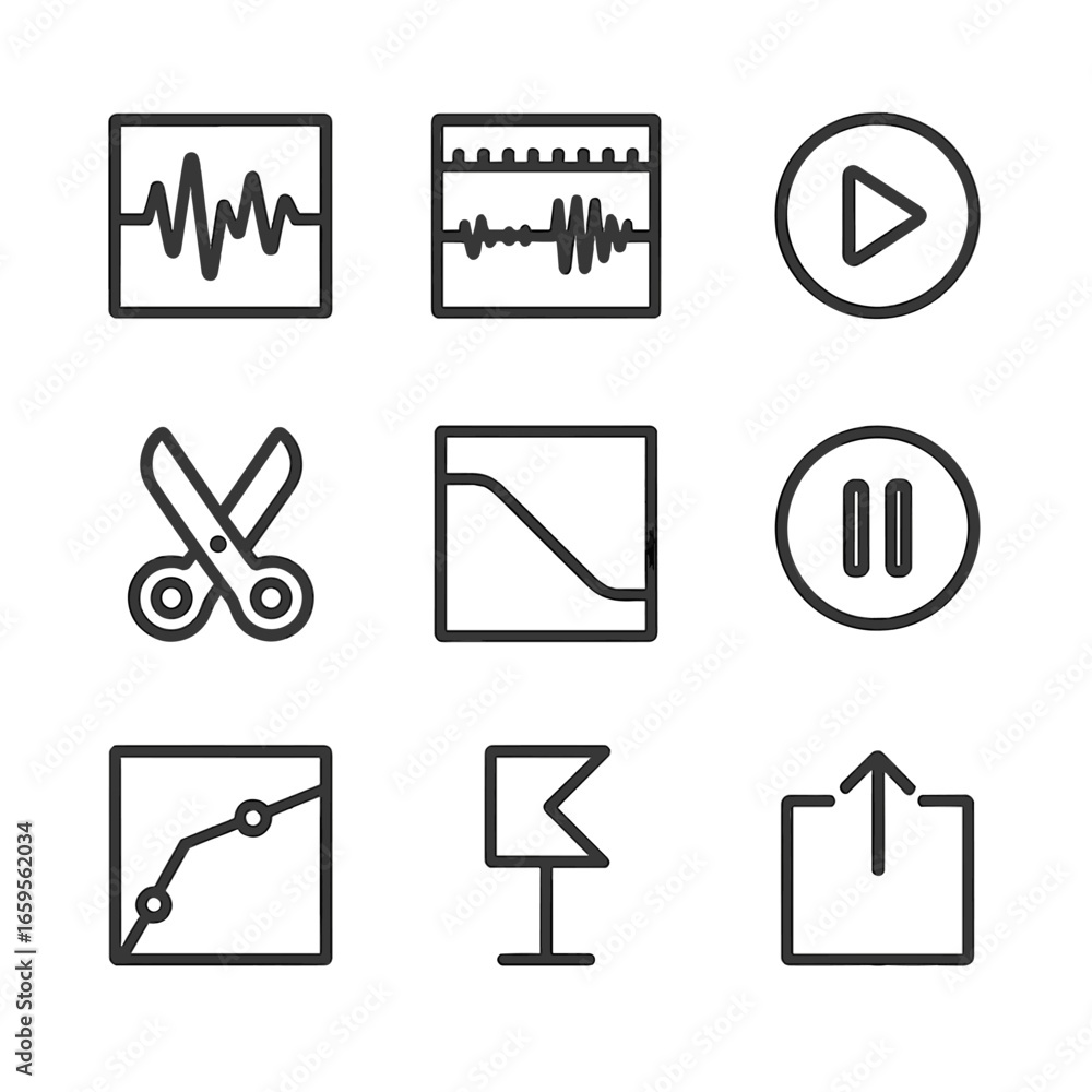 Poster sound editing icons. outline icon set of sound editing software: waveform editor, timeline, play but