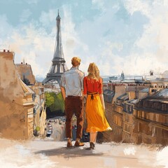 Couple on a Paris rooftop gazing at the Eiffel Tower across sunlit rooftops - a romantic illustrated cityscape evoking travel and nostalgia.