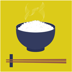 炊きたてご飯と湯気が立つ茶碗と箸のイラスト 食事 和食 米 日本料理