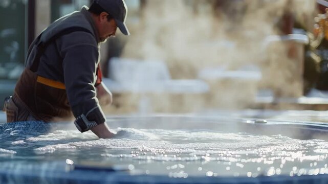 A man working on a swimming pool during winter, surrounded by snow. Tasks could include maintenance or cleaning the pool area.