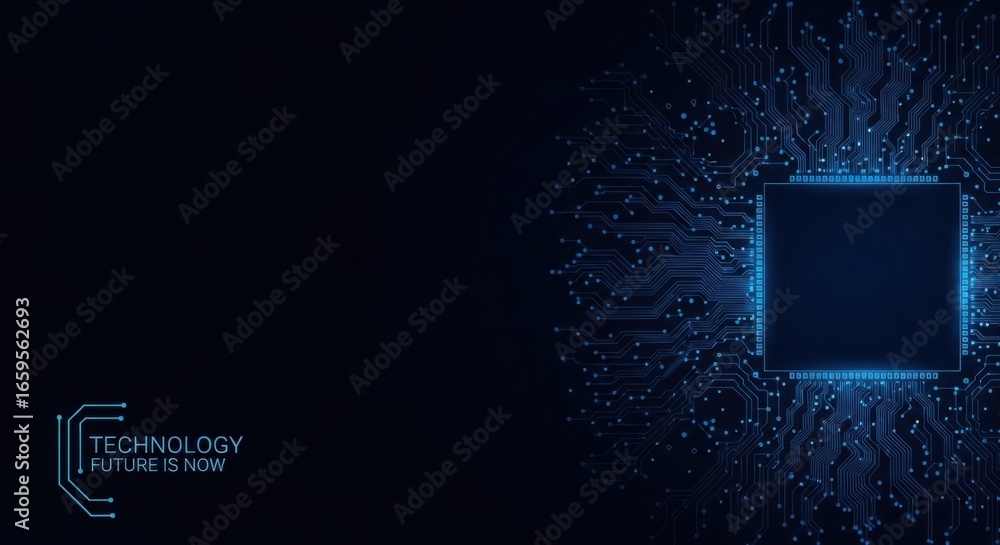 Poster close-up of a glowing blue microchip circuit board with intricate electronic components and lines of