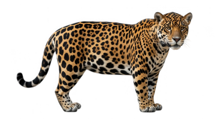 A jaguar stands majestically, its spotted coat gleaming isolated on transparent background
