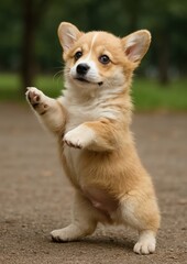 Playful corgi puppy standing outdoors.