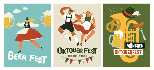 3 minimalist posters for Oktoberfest! National flavor, beer mugs, food, festive atmosphere and lots of beer. A4 vector templates are ideal for advertising this event.