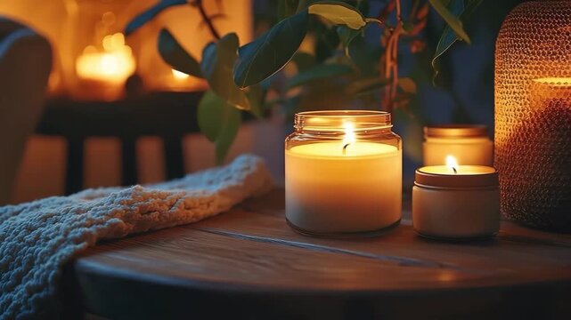  Cozy evening composition with aroma candles, spa ambience, relaxation mood. Concept of wellness, self care, and oriental hammam atmosphere.